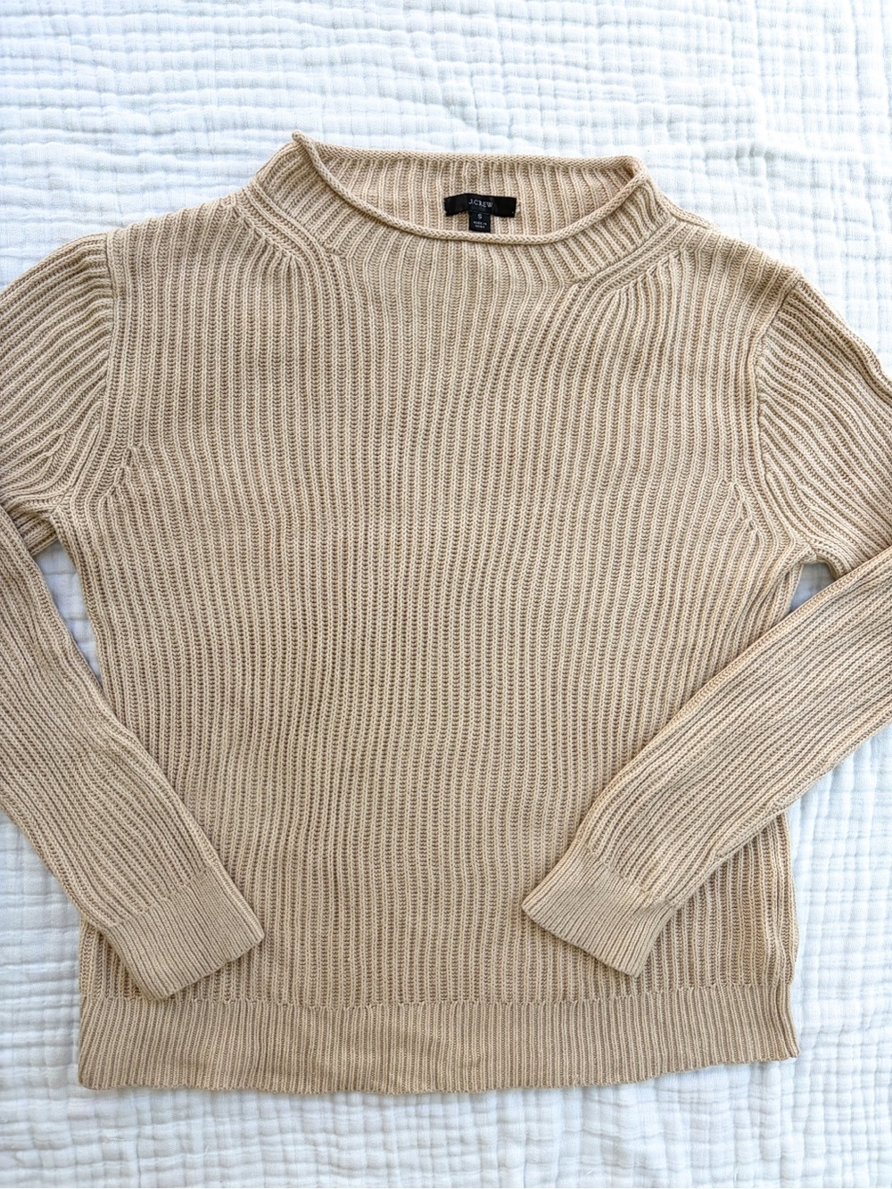 J.Crew 100% Cotton Ribbed Knit Sweater Size S Beige Tan Funnel Neck